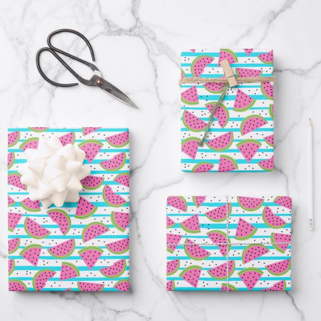 Neon Watermelon on Stripes Muster Geschenkpapier Set (Vorderseite)
