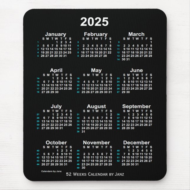 Neon White 52 Week Calendar von Janz 2025 Mousepad (Vorne)