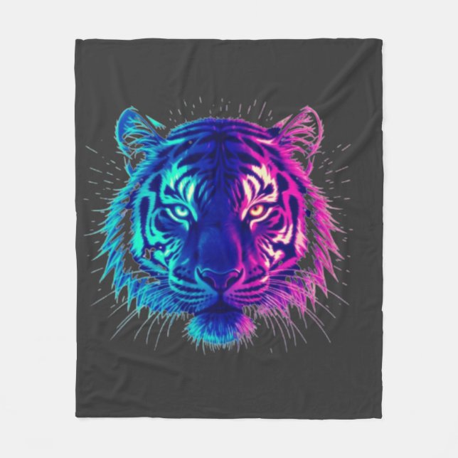 Neon White Tiger – Glowing Cyberpunk Wildlife Art Fleecedecke (Vorderseite)