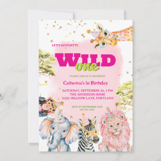 Neon Wild One Süßes Dschungeltier Kinder 1. Geburt Einladung