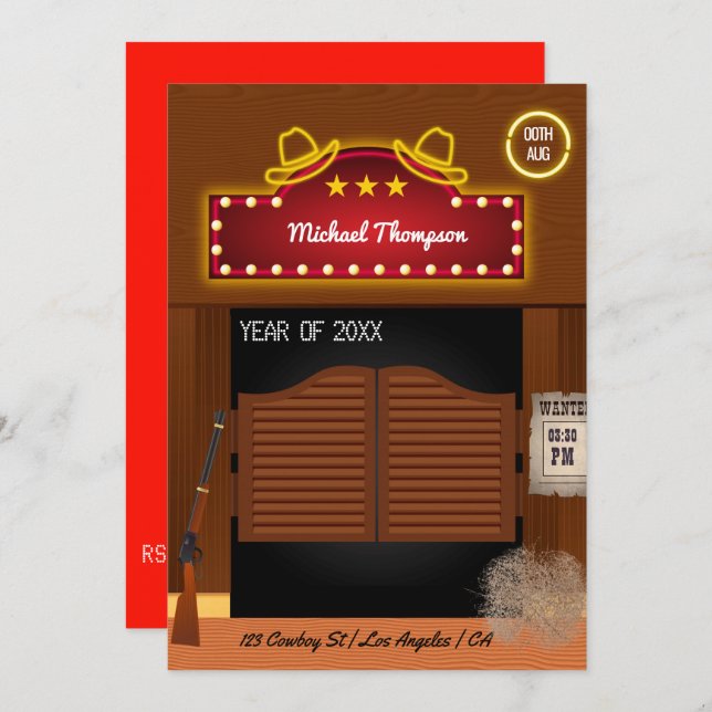 Neon Wild West Cowboy themed Graduation Party Einladung (Vorne/Hinten)