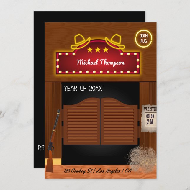Neon Wild West Cowboy themed Graduation Party Invi Einladung (Vorne/Hinten)