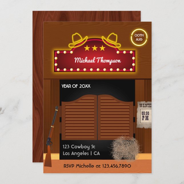 Neon Wild West Cowboy themed Graduation Party Invi Einladung (Vorne/Hinten)