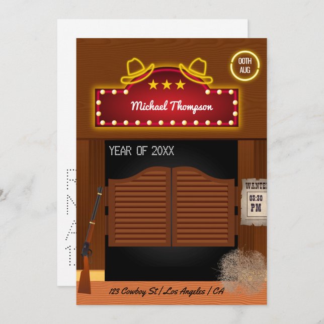 Neon Wild West Cowboy themed Graduation Party Invi Einladung (Vorne/Hinten)