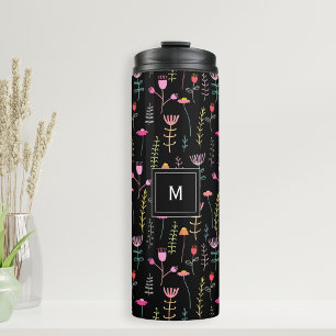 Neon-Wildblumen auf Schwarz, monogrammiert  Thermosbecher