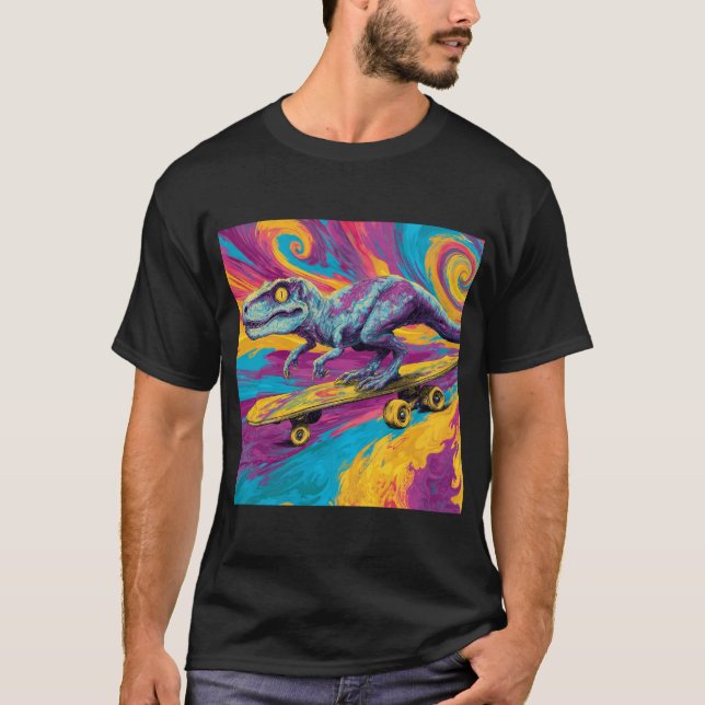 Neon-Wirbel-Dino-Skater T-Shirt (Vorderseite)
