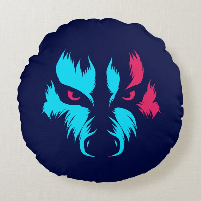 Neon Wolf Face Rundes Kissen (Vorderseite)