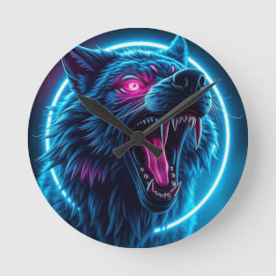 Neon-Wolf-Horror-Glowaugen-Dunkle-Fantasy-Tier Runde Wanduhr