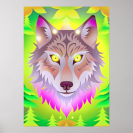 Neon Wolf im Abstrakten Wald Poster
