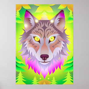 Neon Wolf im Abstrakten Wald Poster