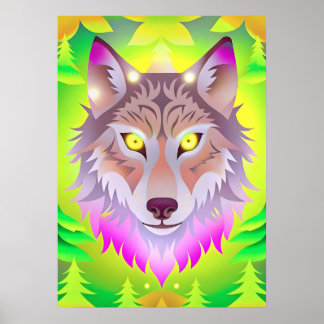 Neon Wolf im Abstrakten Wald Poster