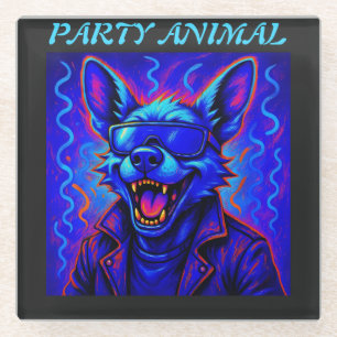Neon Wolf Party Animal – Farbige Retro-Grafik Glasuntersetzer