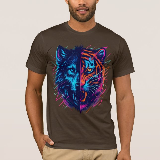 Neon Wolf Tiger Split Art T-Shirt (Vorderseite)