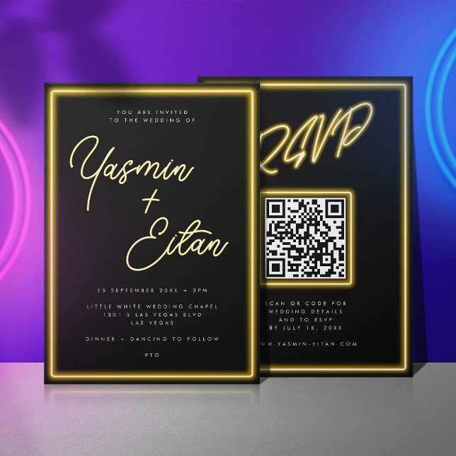 Neon Yellow Lights Black Modern UAWG Wedding Einladung (Black invitation with yellow neon light script for the bride and groom's names)