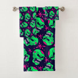 Neon Zombie Skulls Pattern Badhandtuch Set