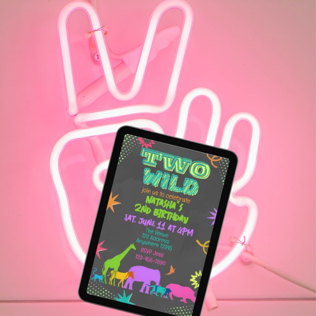 Neon Zwei Wilde Tiere 2. Geburtstag Einladung (Von Creator hochgeladen)