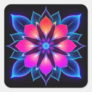 Neonblume mit blauen Lichtmustern Quadratischer Aufkleber