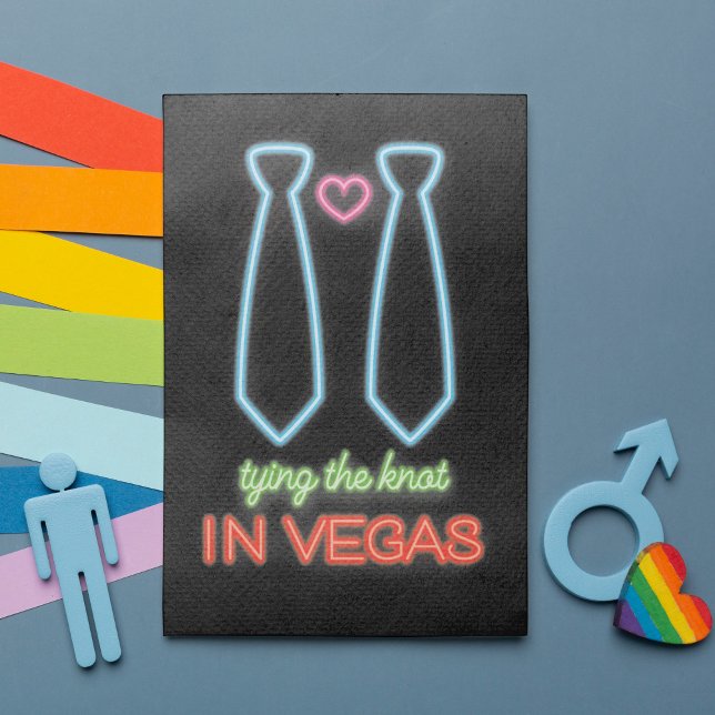 NeonBying The Knot in Vegas Gay Wedding Einladung (Featuring fabulous faux neon lights in two neck ties and a heart. Ideal for a wild Las Vegas wedding)