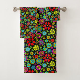 Neonfarben auf schwarzem retro floral nahtlosem Mu Badhandtuch Set