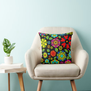 Neonfarben auf schwarzem retro floral nahtlosem Mu Kissen