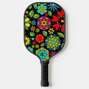 Neonfarben auf schwarzem retro floral nahtlosem Mu Pickleball Schläger