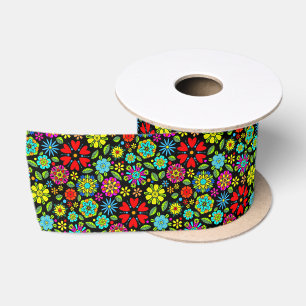 Neonfarben auf schwarzem retro floral nahtlosem Mu Satinband