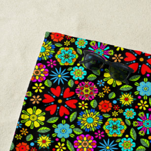 Neonfarben auf schwarzem retro floral nahtlosem Mu Strandtuch