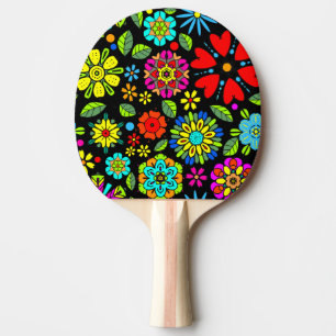 Neonfarben auf schwarzem retro floral nahtlosem Mu Tischtennis Schläger
