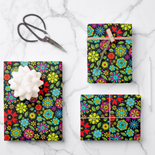 Neonfarben auf schwarzem retro floralem nahtlosem geschenkpapier set