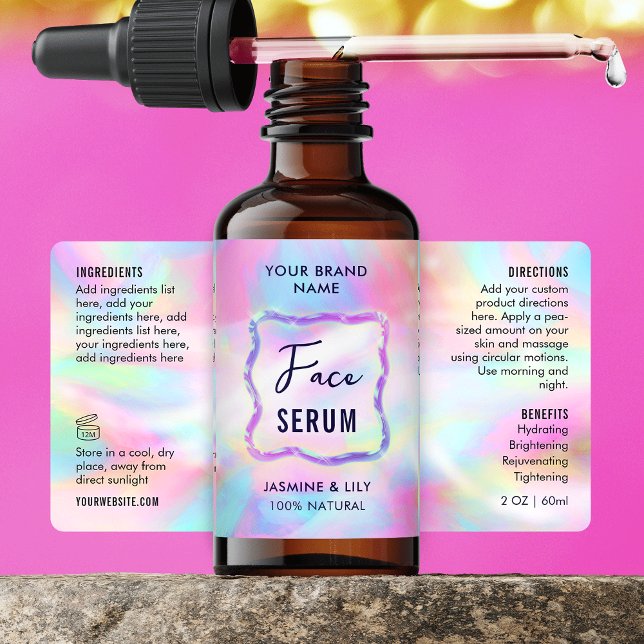 Neonfarben Holografisches 2 OZ Dropper Flascheneti (Trendy holographic effect 2 oz dropper bottle wrapper labels with fully editable text)