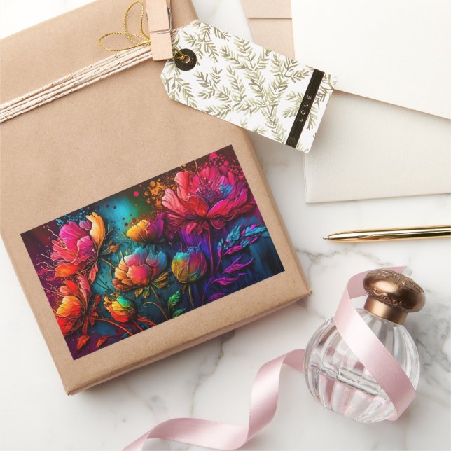 Neonfarbene Blume, buntes Bouquet, Tintenpatronen, Rechteckiger Aufkleber (Schenken)