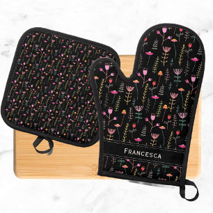Neonfarbene Wildblumen, benutzerdefinierte Monogra Ofenhandschuh & Topflappen-Set
