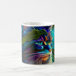Neonfarbige Katze in tropischen Blume KI Kunst Kaffeetasse