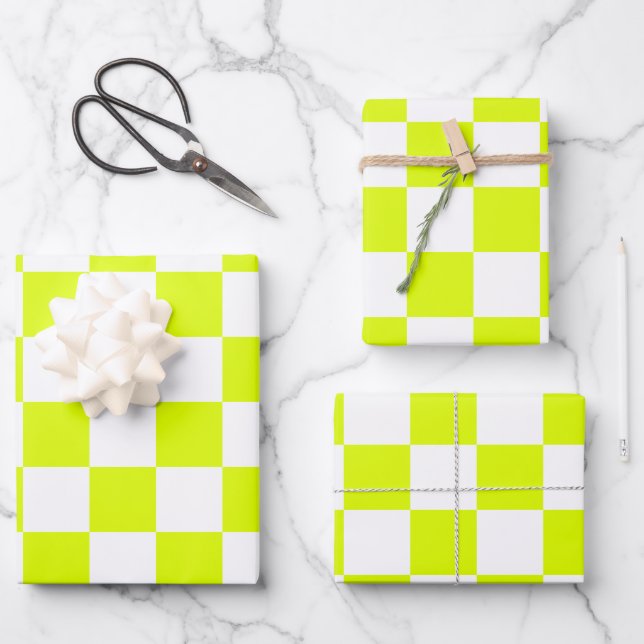 Neongelbe Schachbrett Vintag Geschenkpapier Set (Vorderseite)