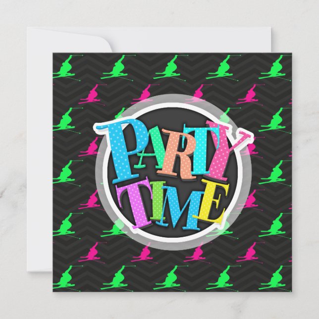 Neongrün, heiß rosa, Schneeschuh, Schwarz Zickzack Einladung (Vorderseite)