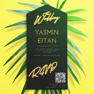 Neonlichter Gelb Schwarz QR-Code Hochzeit All In One Einladung