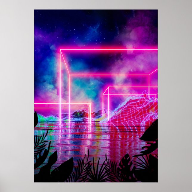 Neonpalmenlandschaft: Cube Poster (Vorne)