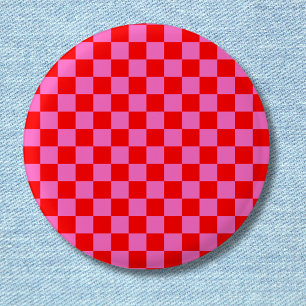 Neonpink und Rot kariert Schachbrettmuster Vintage Button