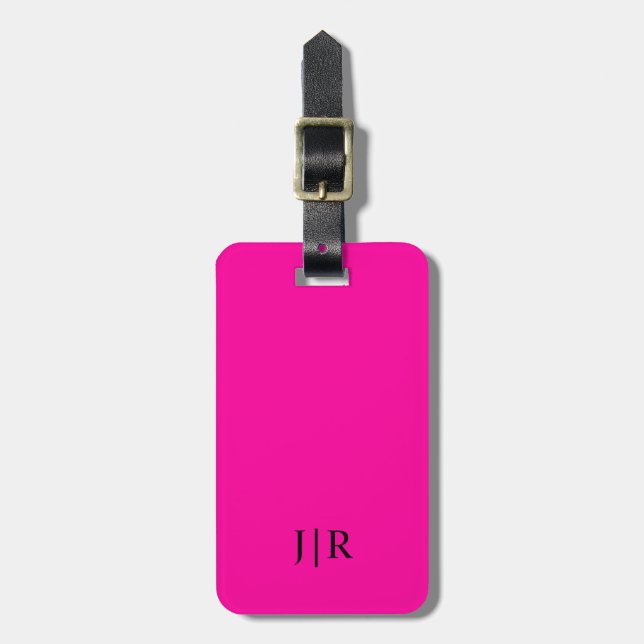 Neonpink und schwarzes modernes Monogramm Gepäckanhänger (Vorderseite vertikal)