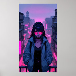 Neonpinkes Cyberpunk-Mädchen-Stadtporträt Poster