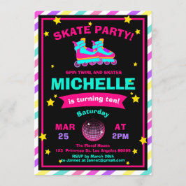 Neonrollen-Skaten-Tafel-Regenbogen-Geburtstag Einladung