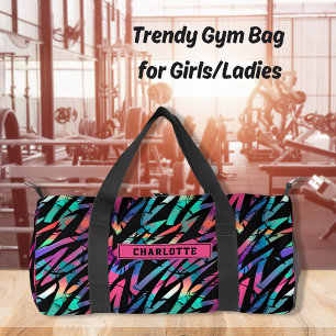 Neonrosa abstrakte Grunge-Streifen Mädchen Sport Duffle Bag