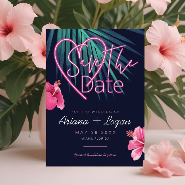 Neonrosa Liebe, tropisches Retro Save The Date (Electric Love Neon Pink Floral & Tropical Retro Save The Date)