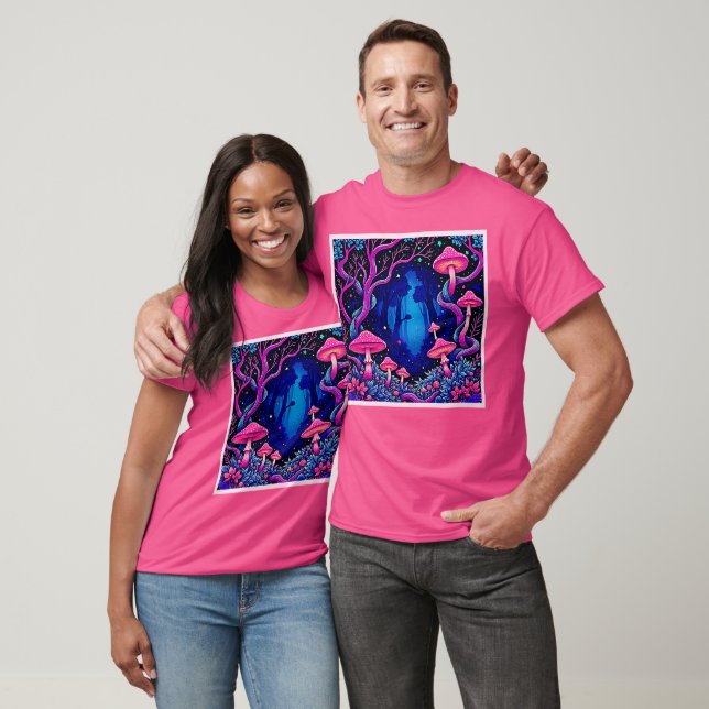 Neonrosa Pilzwald Kunst T-Shirt (Unisex)