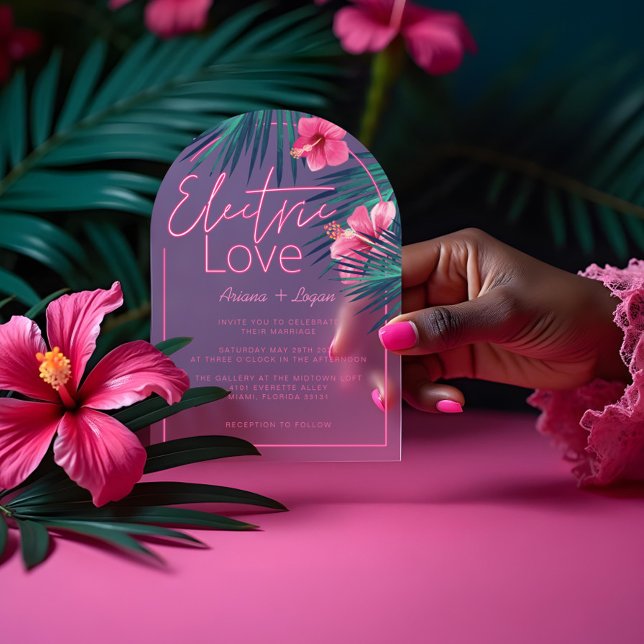Neonrosa, tropische Retro-Hochzeit mit elektrische Acryleinladungen (Electric Love Neon Pink Tropical Retro Wedding Acrylic Invitations)