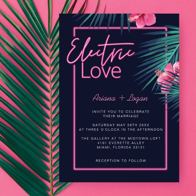 Neonrosa, tropische Retro-Hochzeit mit elektrische Einladung (Electric Love Neon Pink Tropical Retro Wedding Invitation)