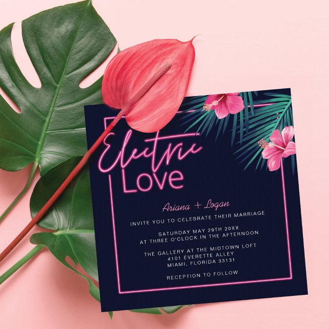 Neonrosa, tropische Retro-Hochzeit mit elektrische Einladung (Electric Love Neon Pink Tropical Retro Wedding Invitation)