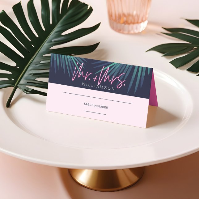 Neonrosa, tropische Retro-Hochzeit mit elektrische Platzkarte (Electric Love Neon Pink Tropical Retro Wedding Place Card)