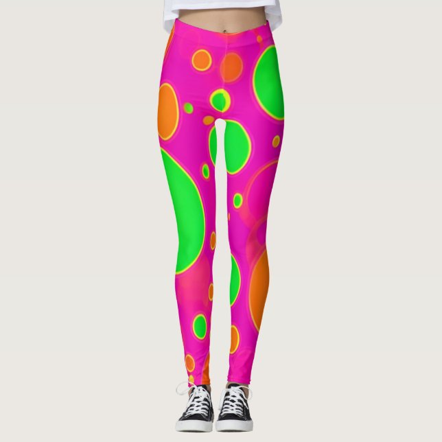 Neonrosa und grüne Retro Circle Design Leggings (Vorderseite)