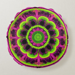 Neonrosa und grünes Kaleidoskop Rundes Kissen